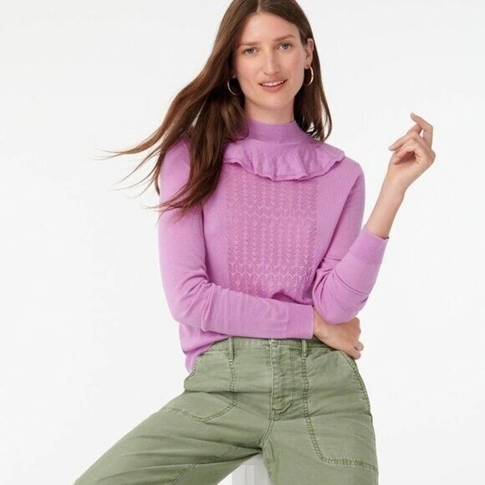 J. crew ruffle mock neck pointelle sweater L violet 100% merino wool mock neck